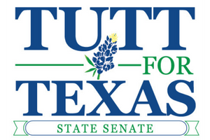 Logo: A hand-drawn bluebonnet and bold, blue and green text that reads, "Tutt for Texas State Senate"
